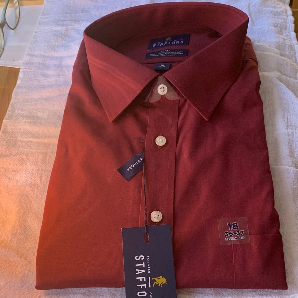 Stafford Mens Burgundy Dress Shirt NEW Size 18 36-37 reg Fit Travel Wash & Wear